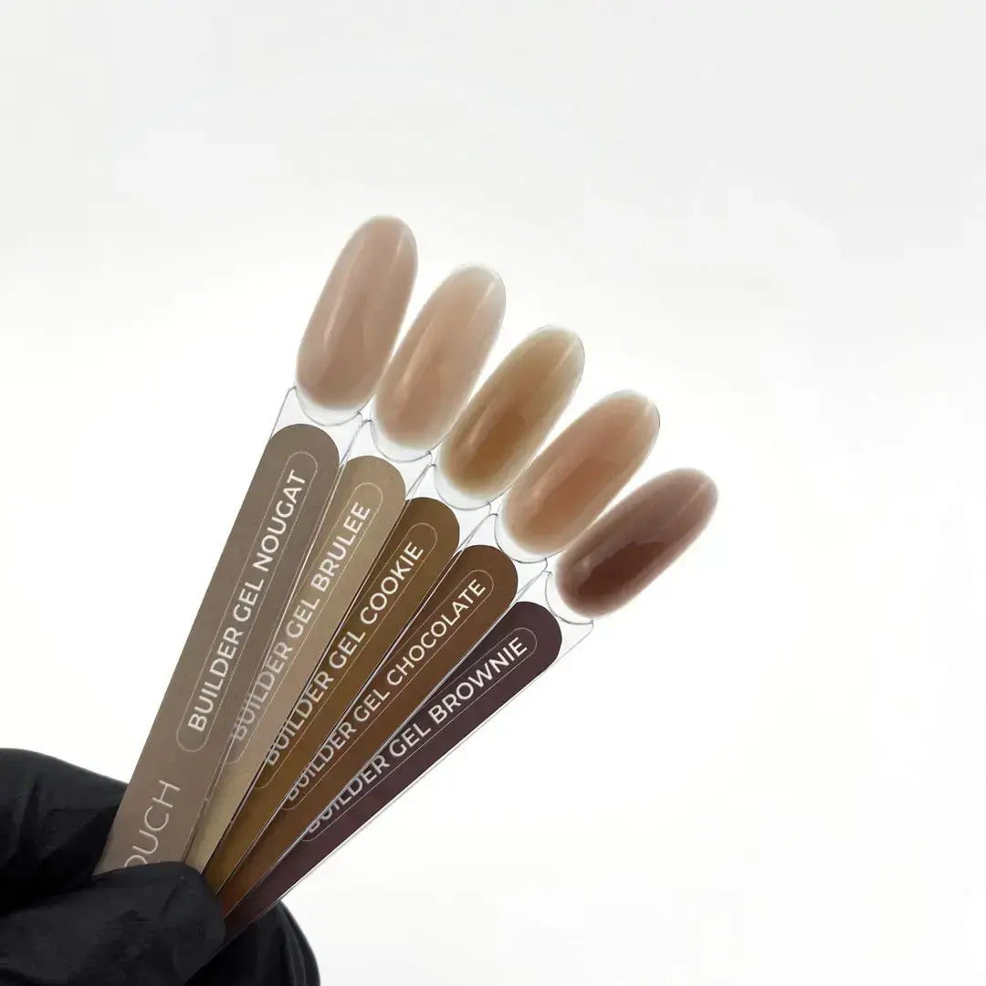 TOUCH BUILDER GEL, 10 ml - Set of Builder Gel applicators with brown shades on a white background
