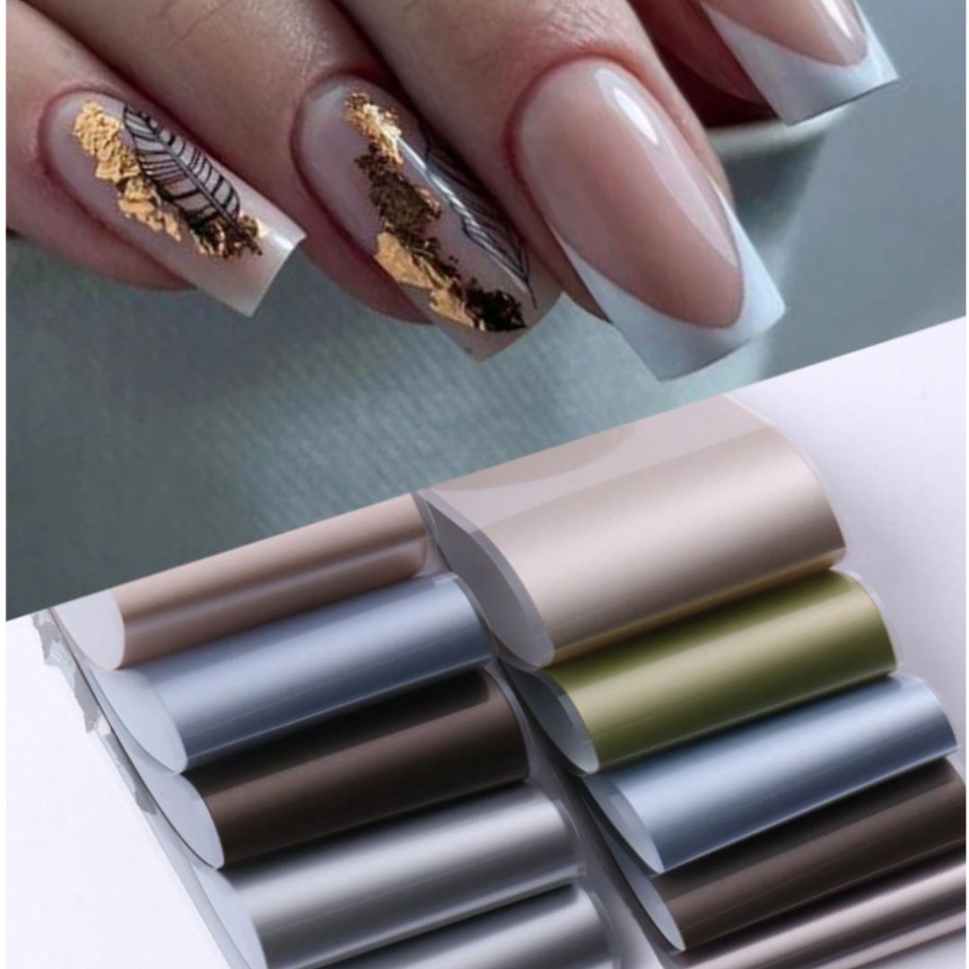 Silver & Cool Gold Transfer Nail Foil Set (10 Designs) - NailGlow Supplies