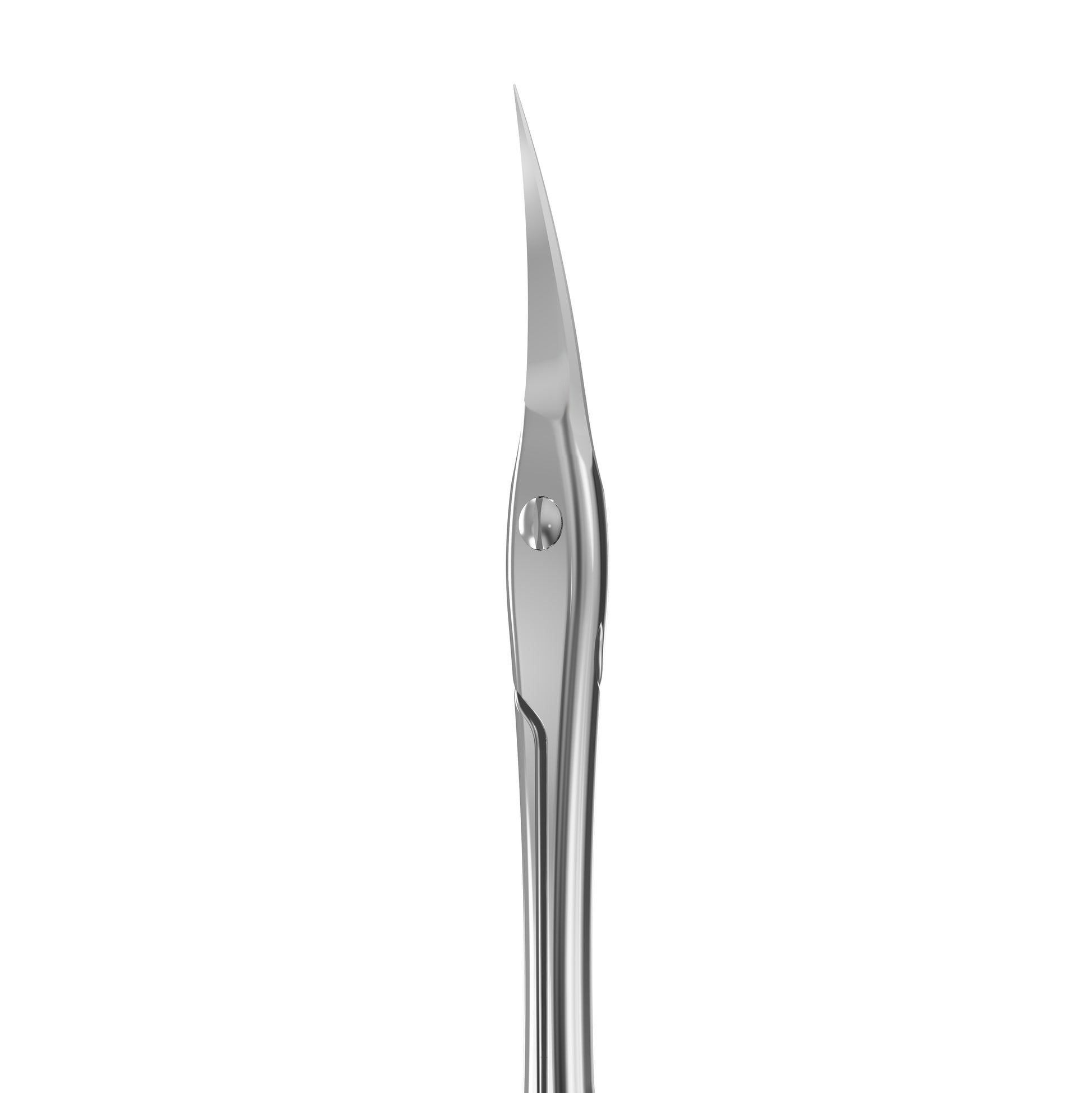 A close-up side view of a polished stainless steel surgical or craft blade with a sharp, tapered tip and a small circular pivot or rivet near the base, shown against a solid white background.