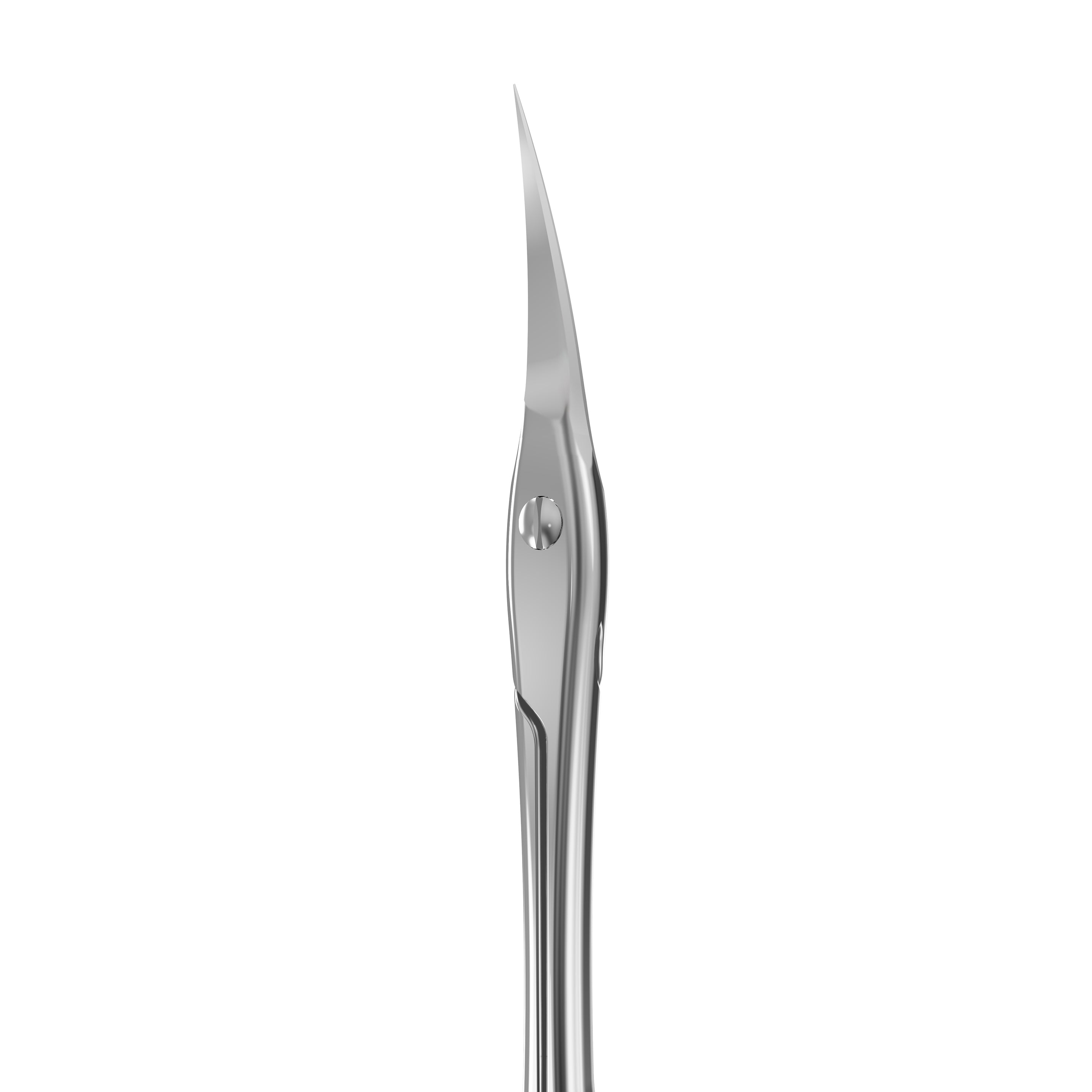A close-up side view of a polished stainless steel surgical or craft blade with a sharp, tapered tip and a small circular pivot or rivet near the base, shown against a solid white background.