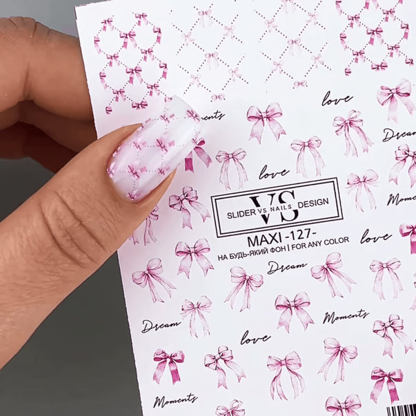 VS Nails MAXI Nail Sliders №127 – Pink Bows & Text product sheet