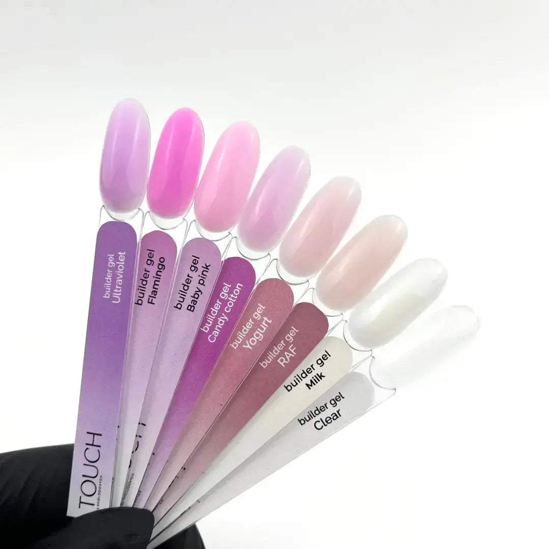 TOUCH BUILDER GEL, 10 ml - samples with colour names on a white background