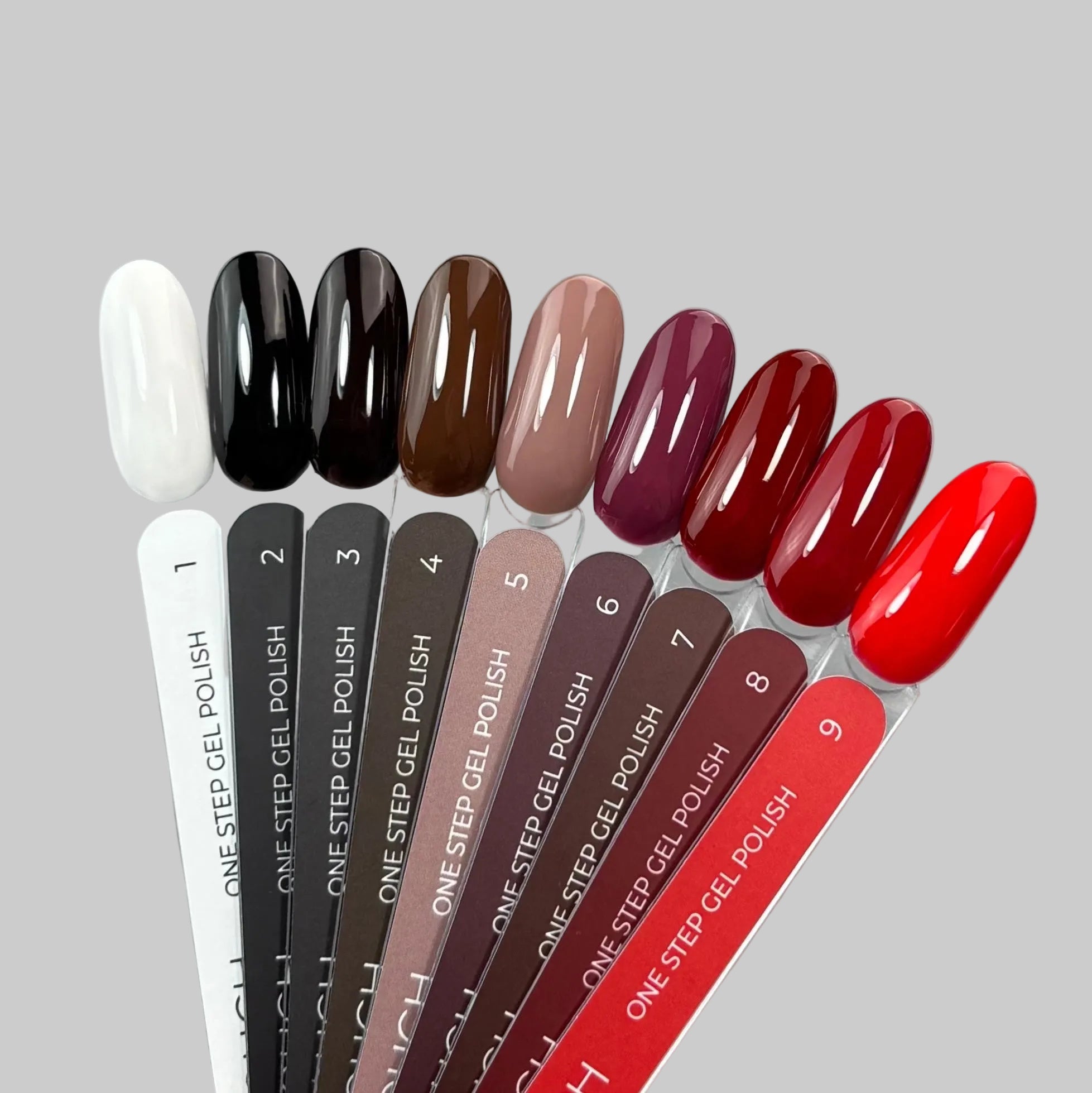 Set of nail polish samples with color names on a gray background