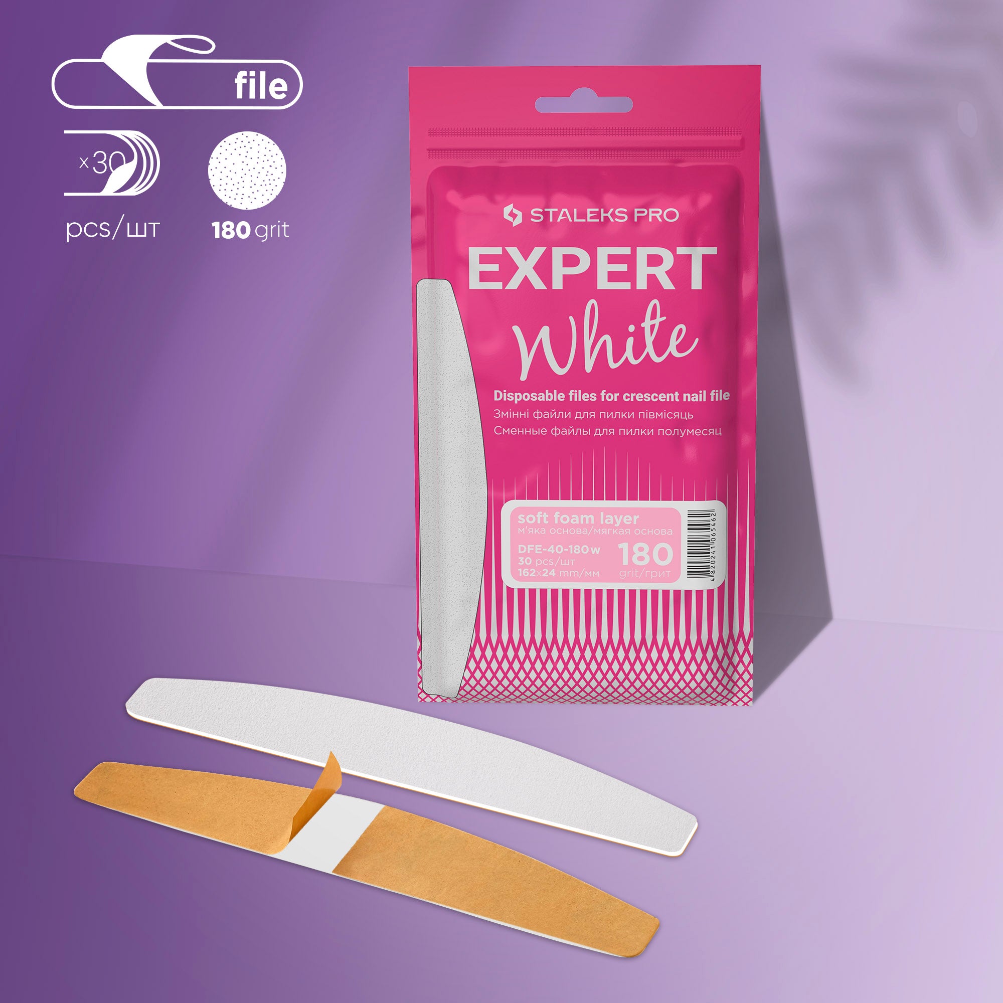 STALEKS PRO EXPERT 40 white crescent adhesive nail file refills, 180 grit, 30 pcs
