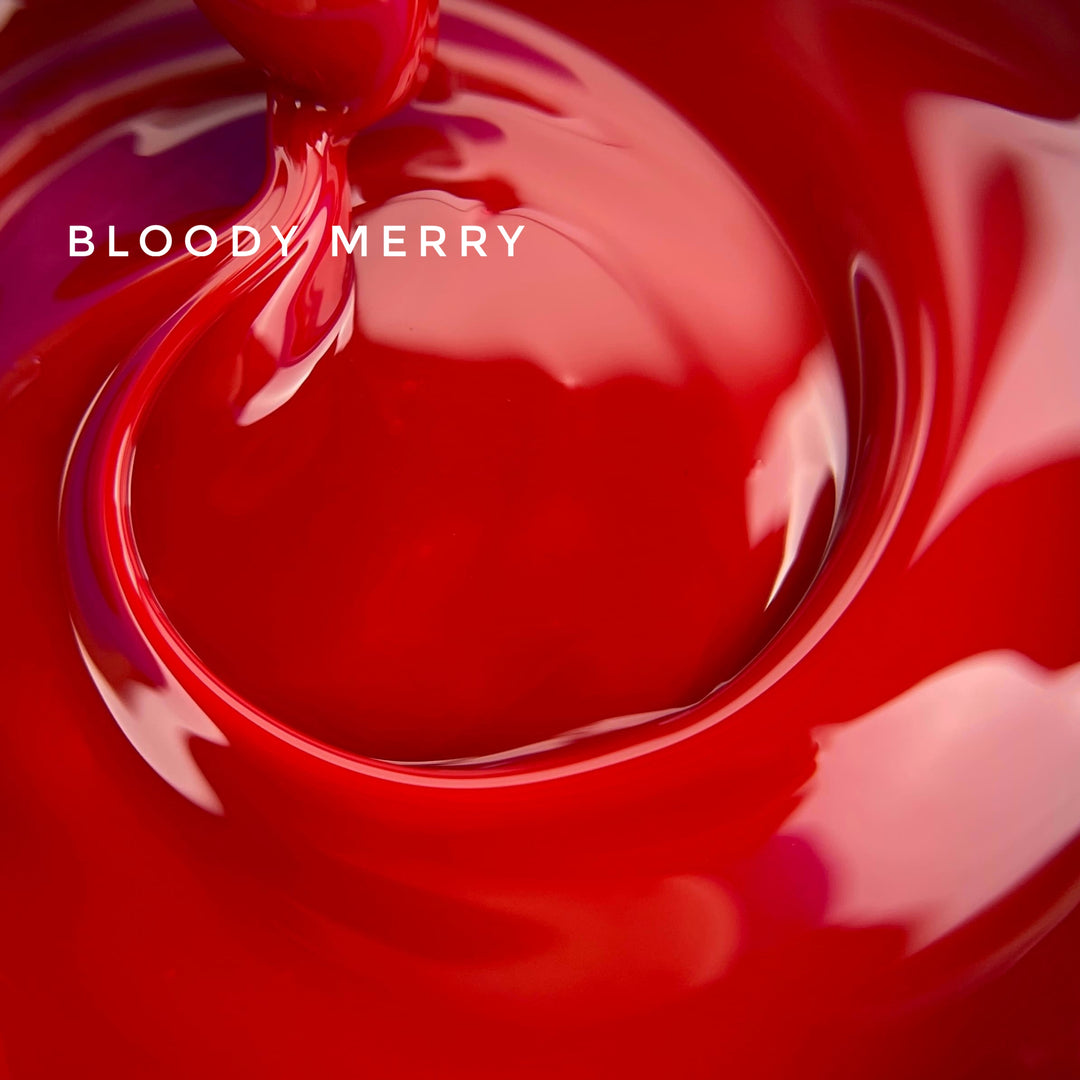Close-up of red liquid with 'Bloody Merry' text overlay