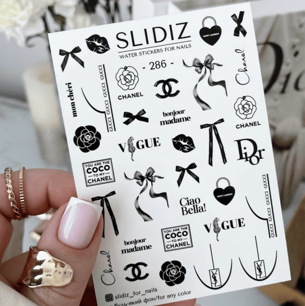 SLIDIZ Nail Sliders №286 – Brand Logos, Black Bows & Text product sheet
