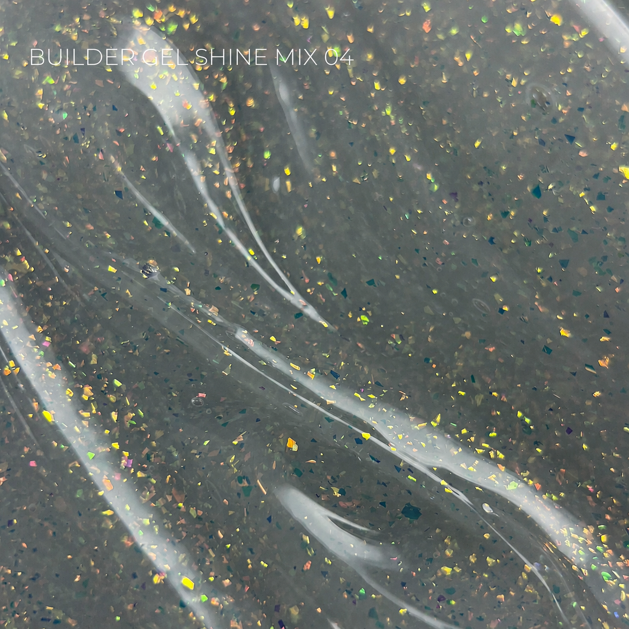 A close-up of a translucent dark gray gel polish or acrylic swatch with fine iridescent glitter and white streaks. Text in the upper left reads 'BUILDER GEL SHINE MIX 04'.