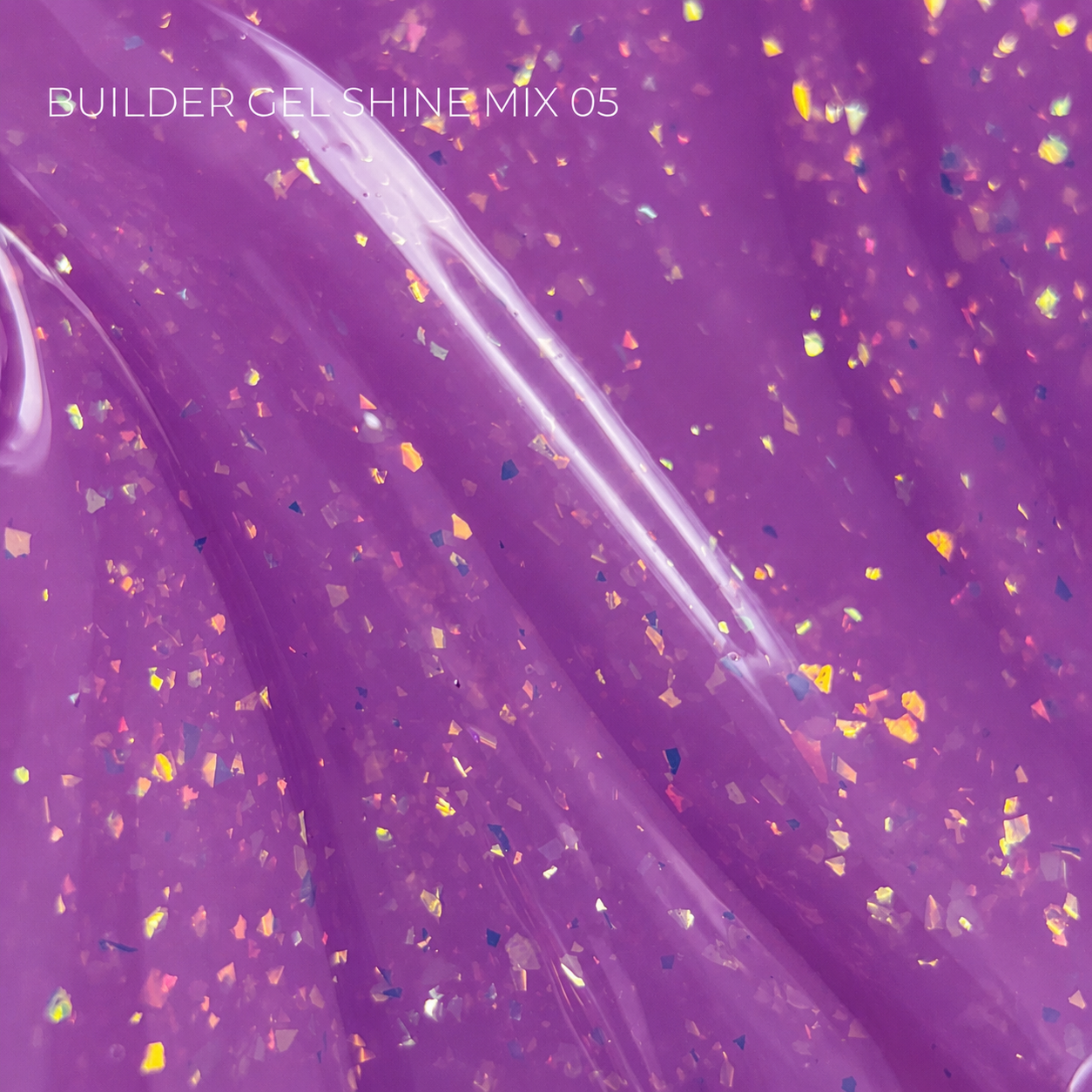 Purple translucent gel polish with fine multicolor glitter, shown with a glossy swatch texture and the text 'BUILDER CEL SHINE MIX 05' in the top left.