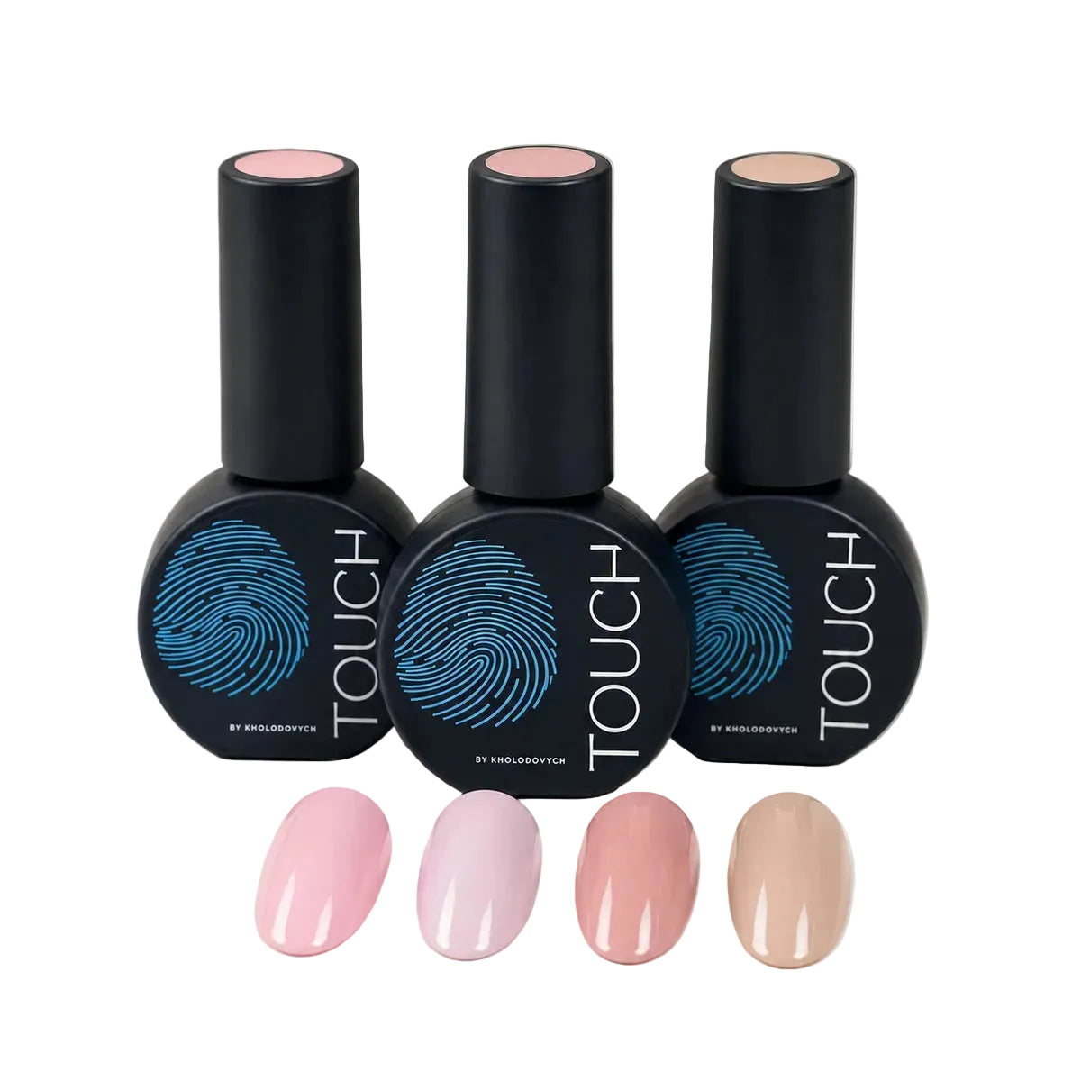 Touch Coloured Base Gel bottles with nail swatch