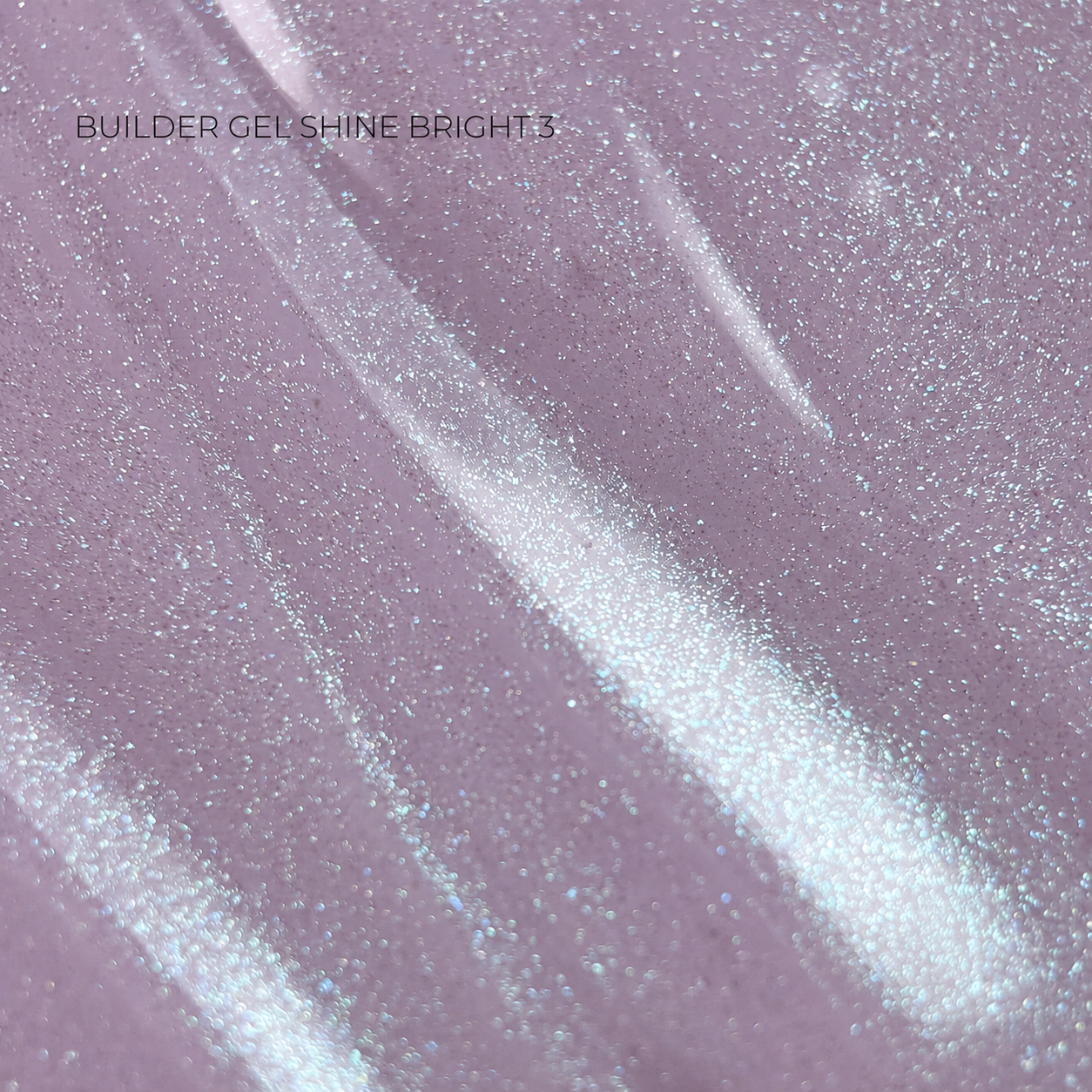 A close-up texture swatch of a lavender-purple builder gel with bright silver glitter and shimmer, featuring diagonal swatches and the text 'BUILDER GEL SHINE BRIGHT 3' in the upper left.