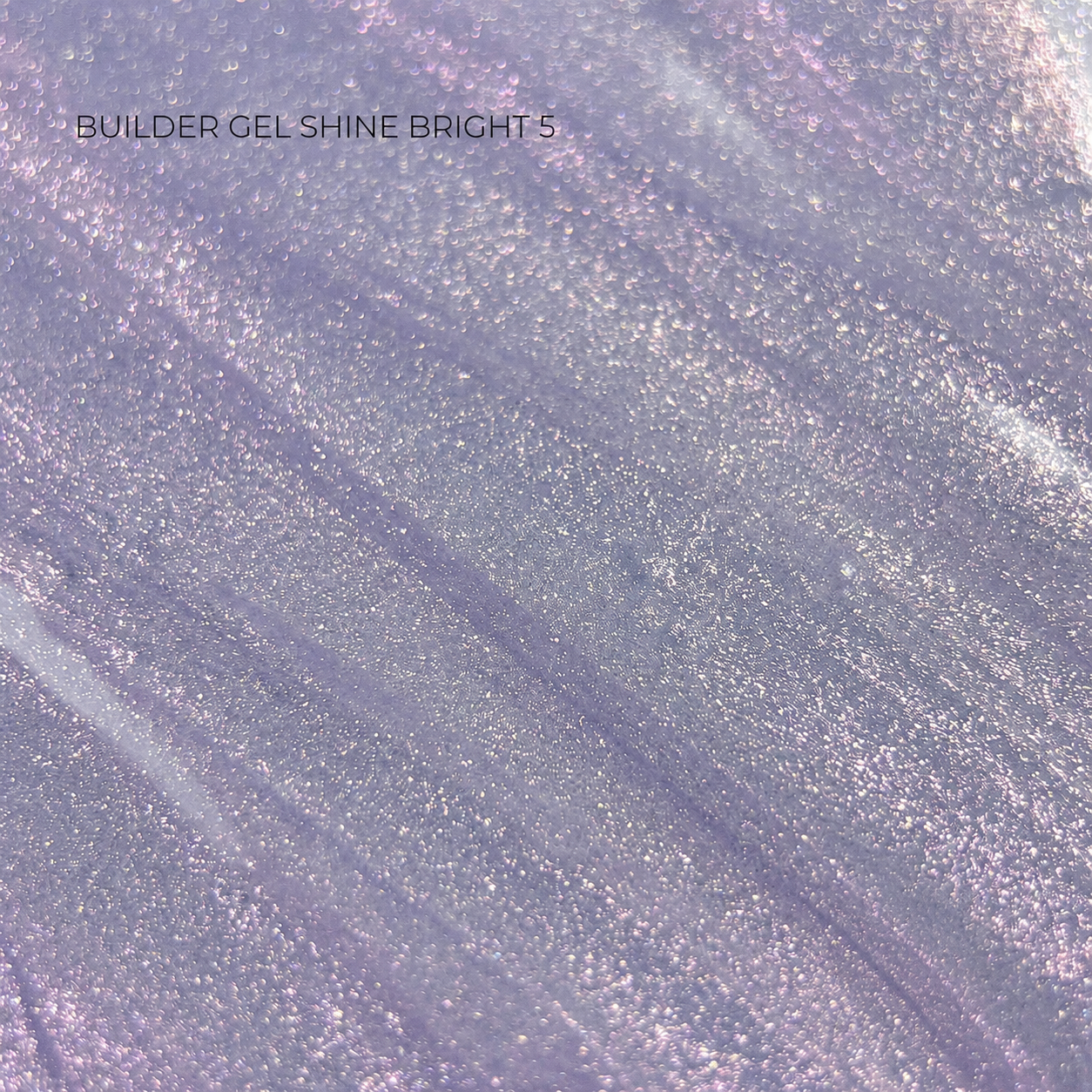 A close-up texture swatch of a shimmering purple gel polish with fine glitter and light pink iridescent flecks, labeled 'BUILDER GEL SHINE BRIGHT 5'.
