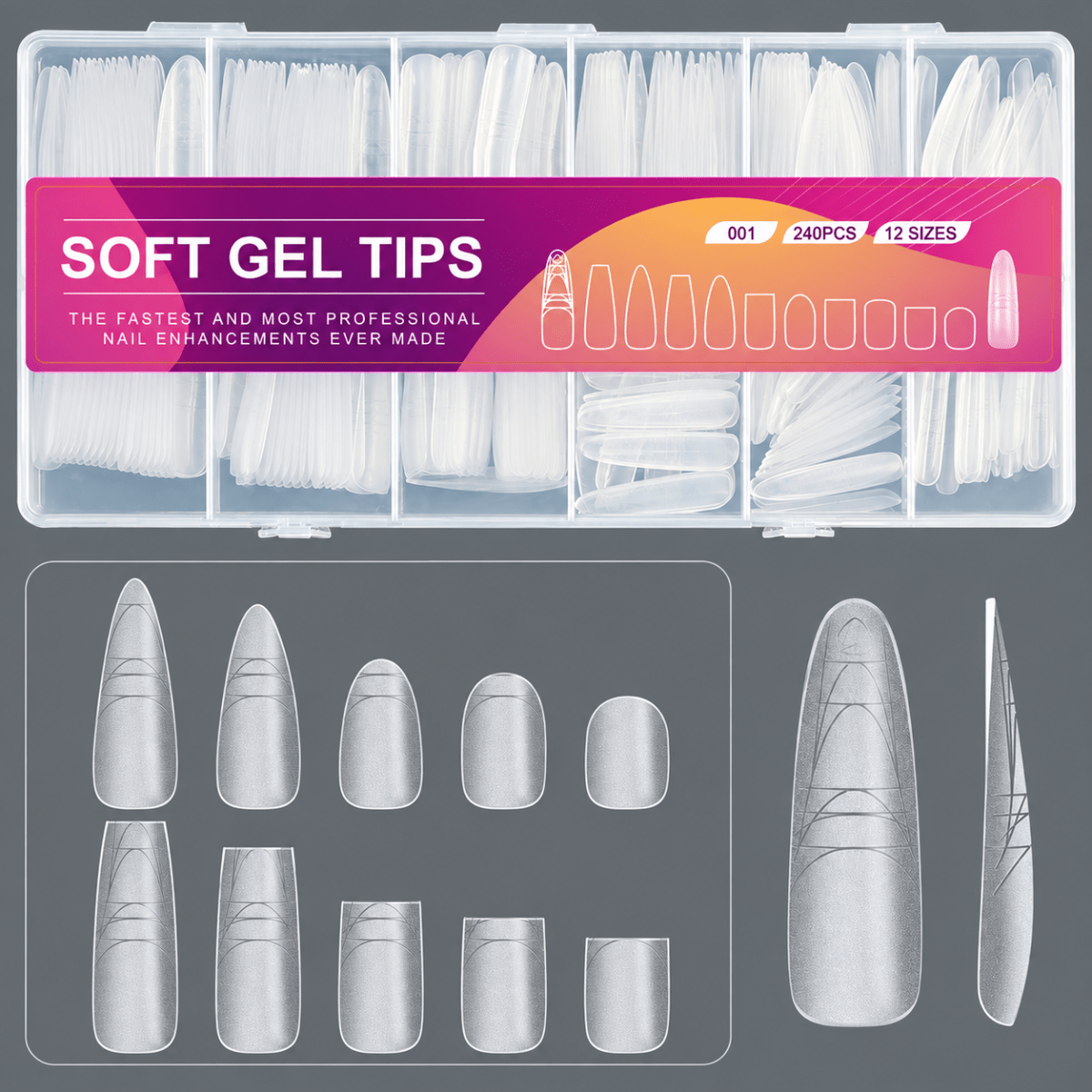 Full-Cover Soft Gel Nail Tips (240 pcs, 12 Sizes) - NailGlow Supplies