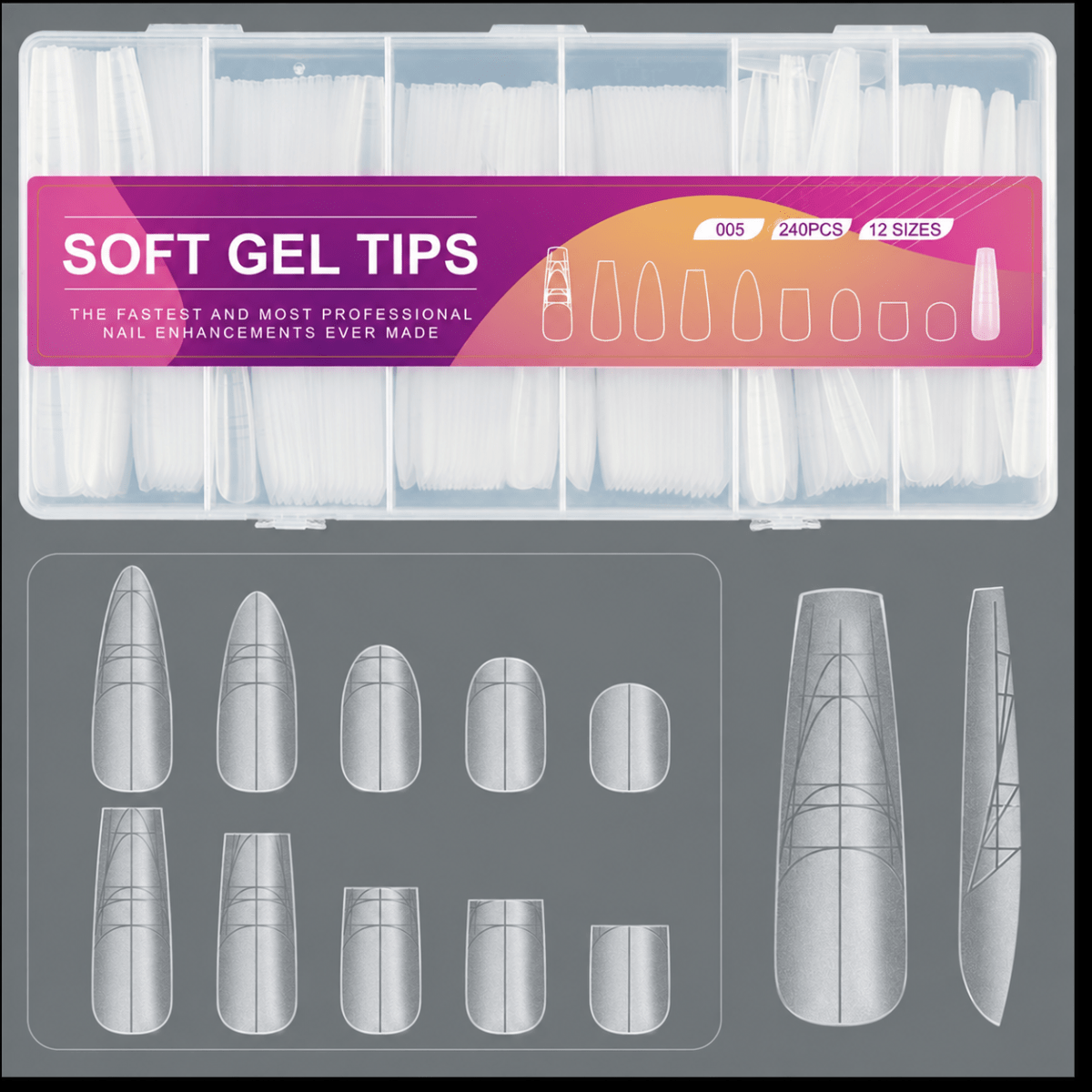 Full-Cover Soft Gel Nail Tips (240 pcs, 12 Sizes) - NailGlow Supplies