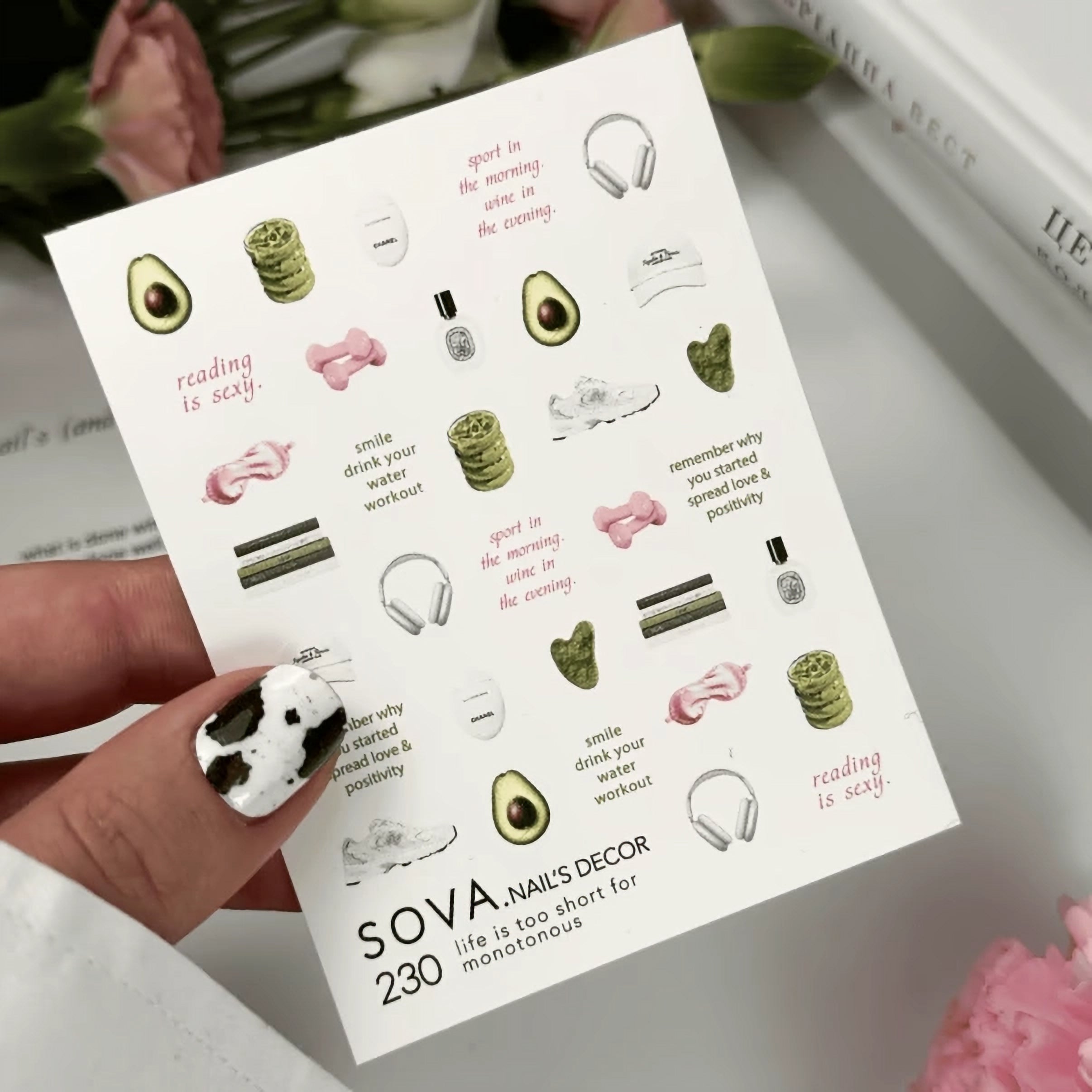Sova Decor Nail Sliders №230 – Avocados, Text, Sports & Books