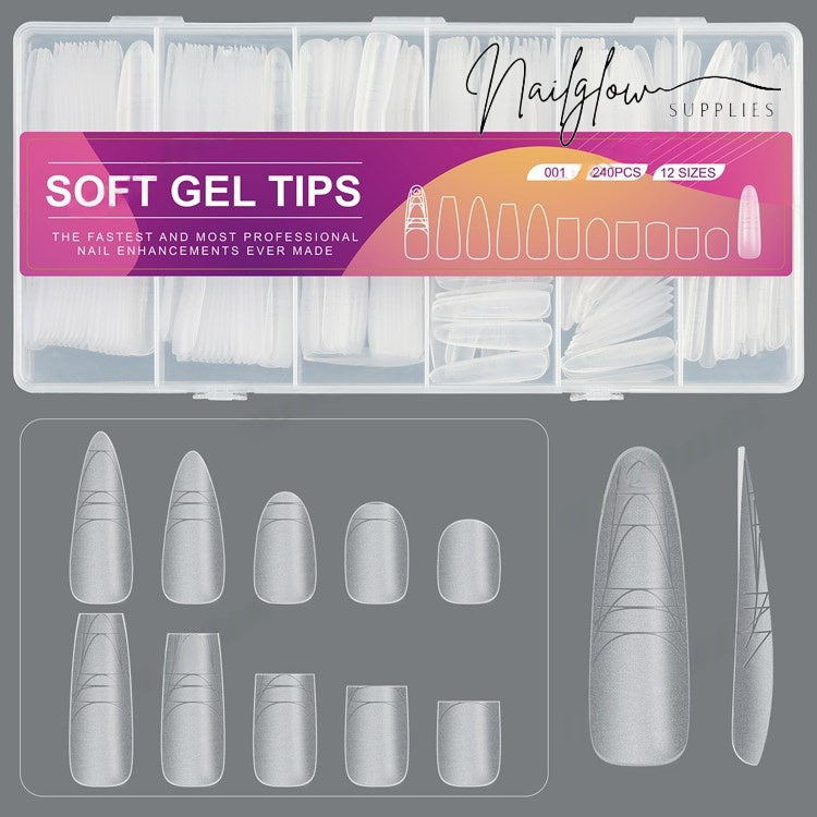Full-Cover Soft Gel Nail Tips, 240 pcs, 12 Sizes Oval