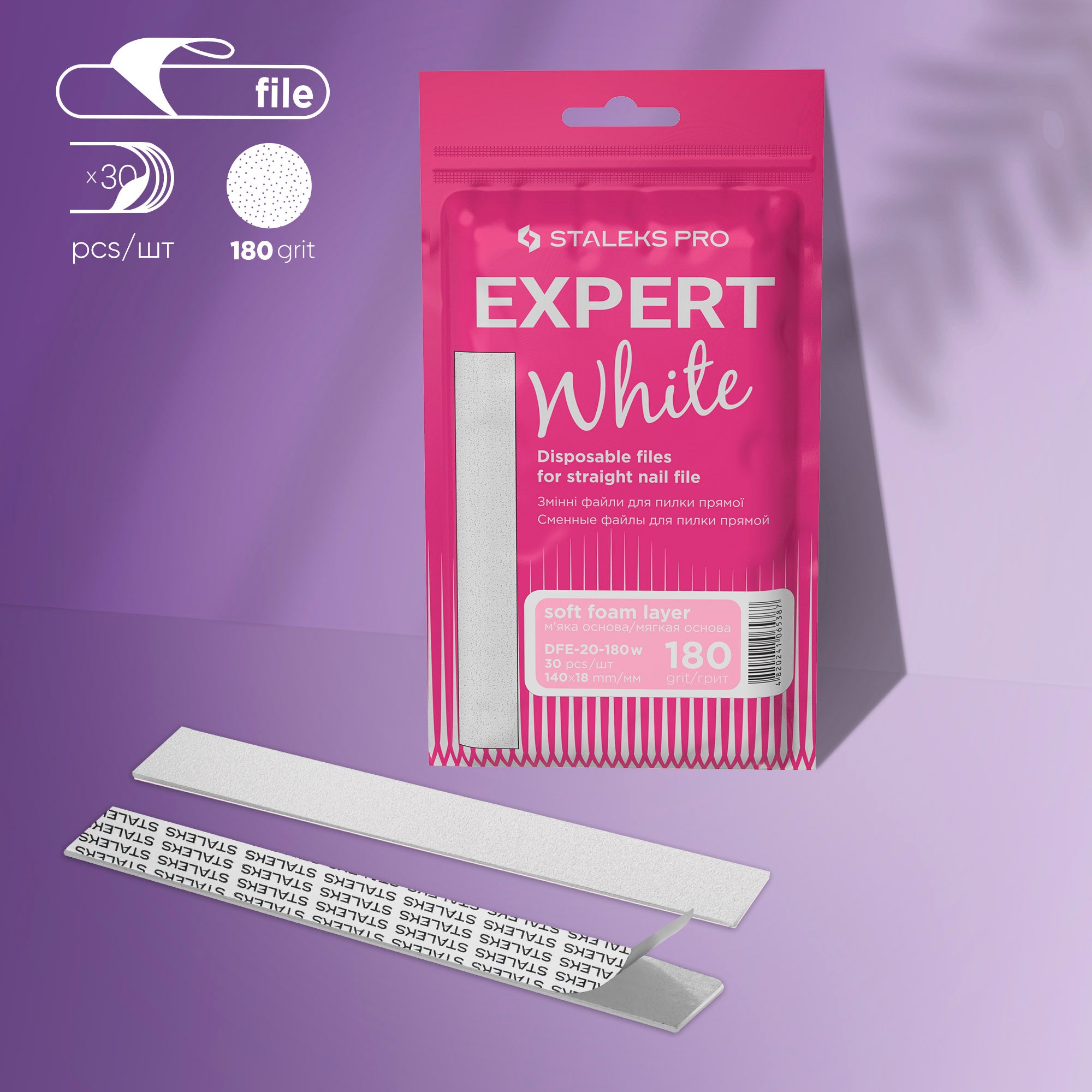 STALEKS PRO EXPERT 20 white adhesive nail file refills, 180 grit, 30 pcs
