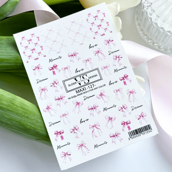 VS Nails MAXI Nail Sliders №127 – Pink Bows & Text product sheet