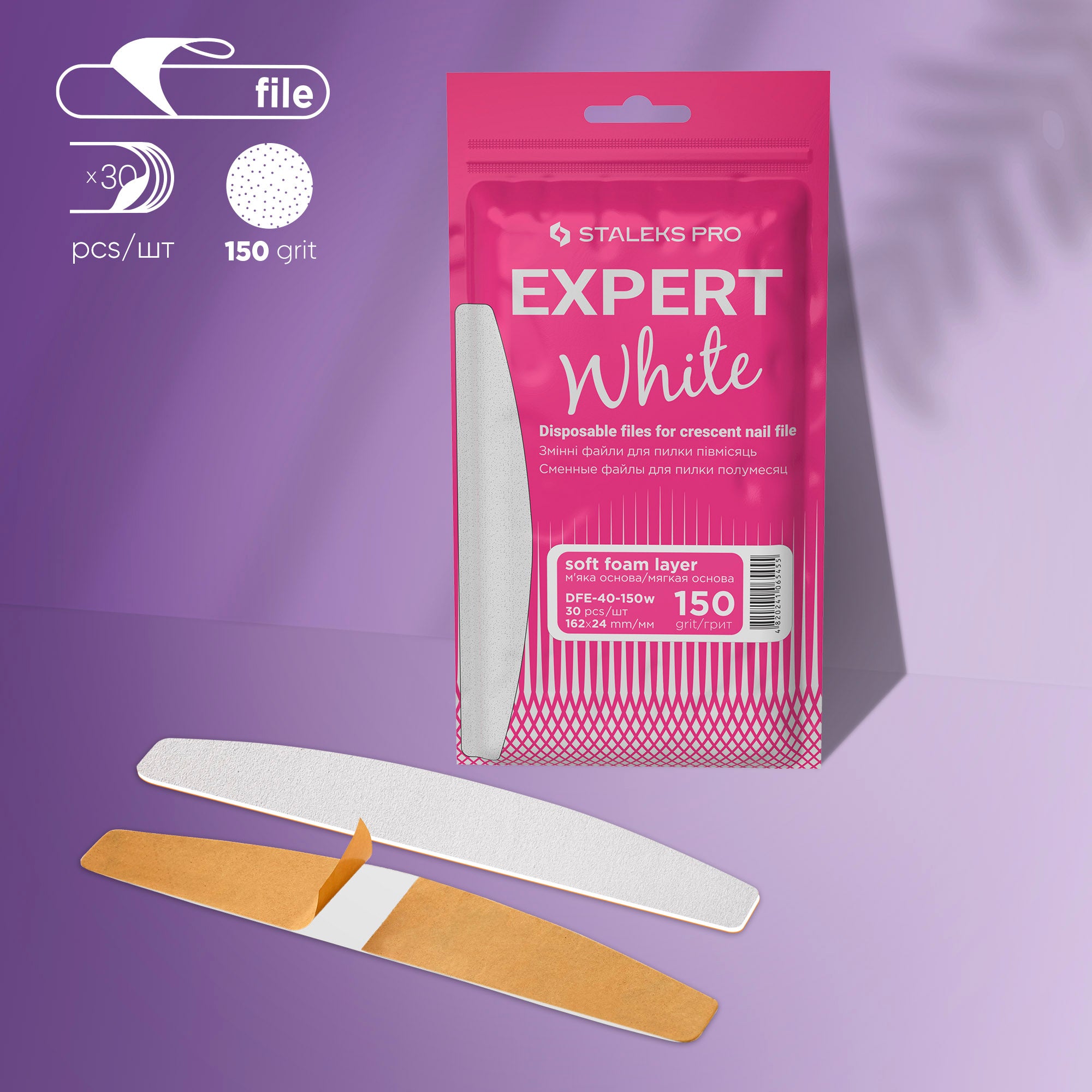 STALEKS PRO EXPERT 40 white crescent adhesive nail file refills, 150 grit, 30 pcs