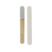 A dual-sided nail file set featuring a wooden handle with a gray abrasive end and the word 'TOUCH' printed on it, shown above a second sanding block on a plain white background.