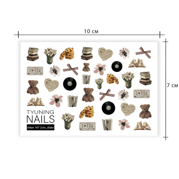 Tyuning Nails Nail Sliders №147 – Teddy Bear, Books & Cookies product sheet