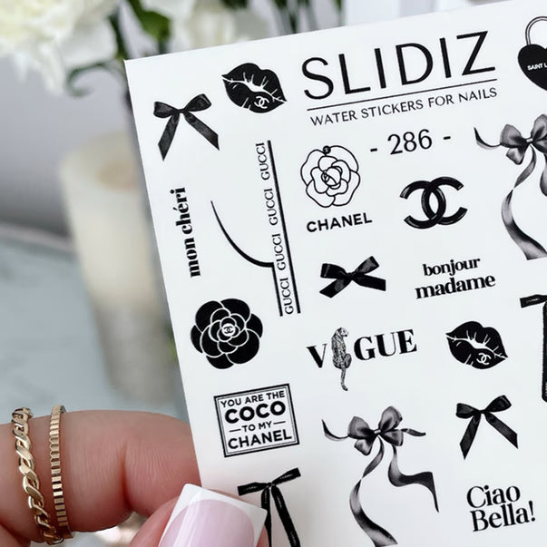 SLIDIZ Nail Sliders №286 – Brand Logos, Black Bows & Text product sheet