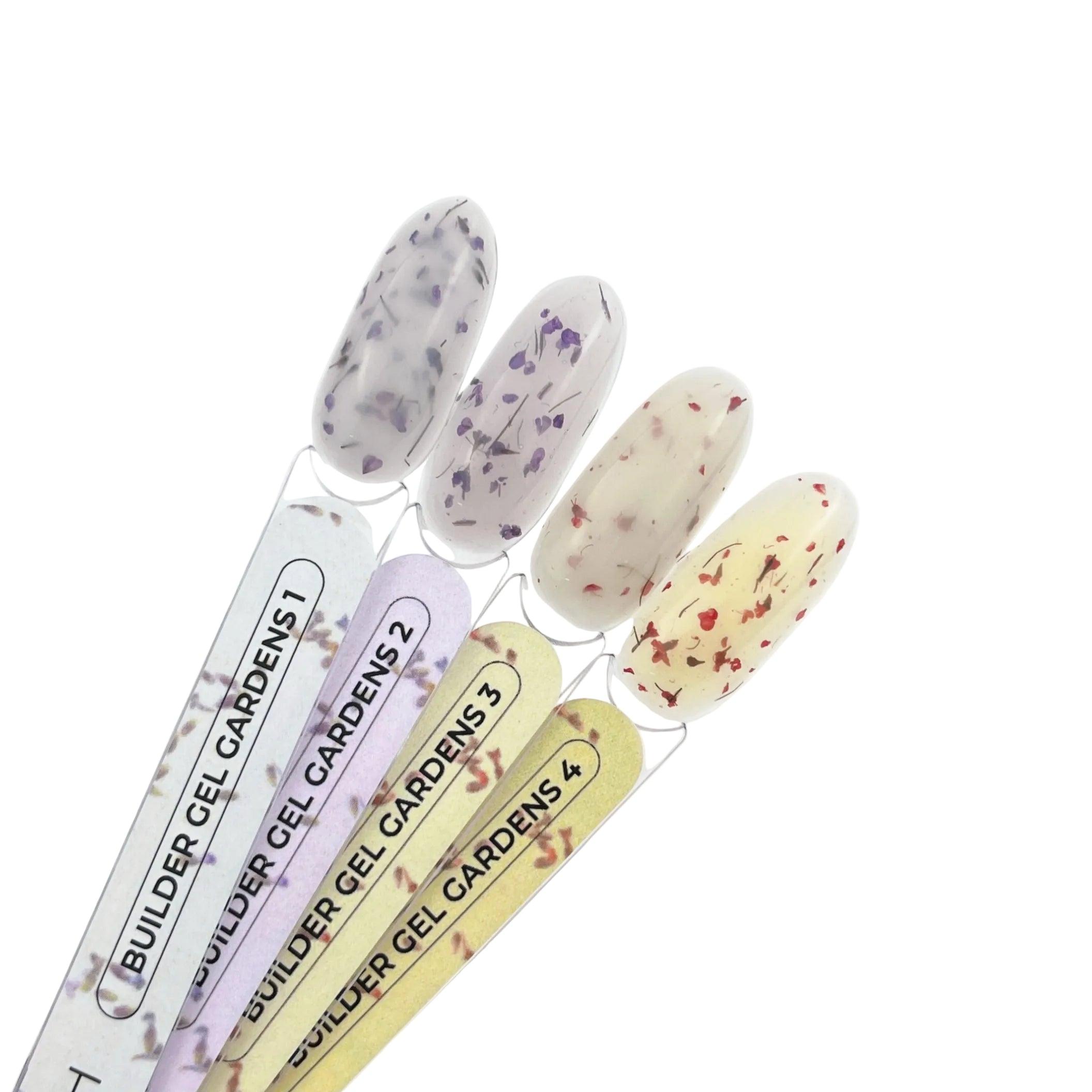 Four nail gel color swatches labeled BUILDER GEL GARDENS 1-4, showing translucent lavender, off-white, cream, and pale yellow shades with embedded floral speckles, on a white background with a HEMA free badge.